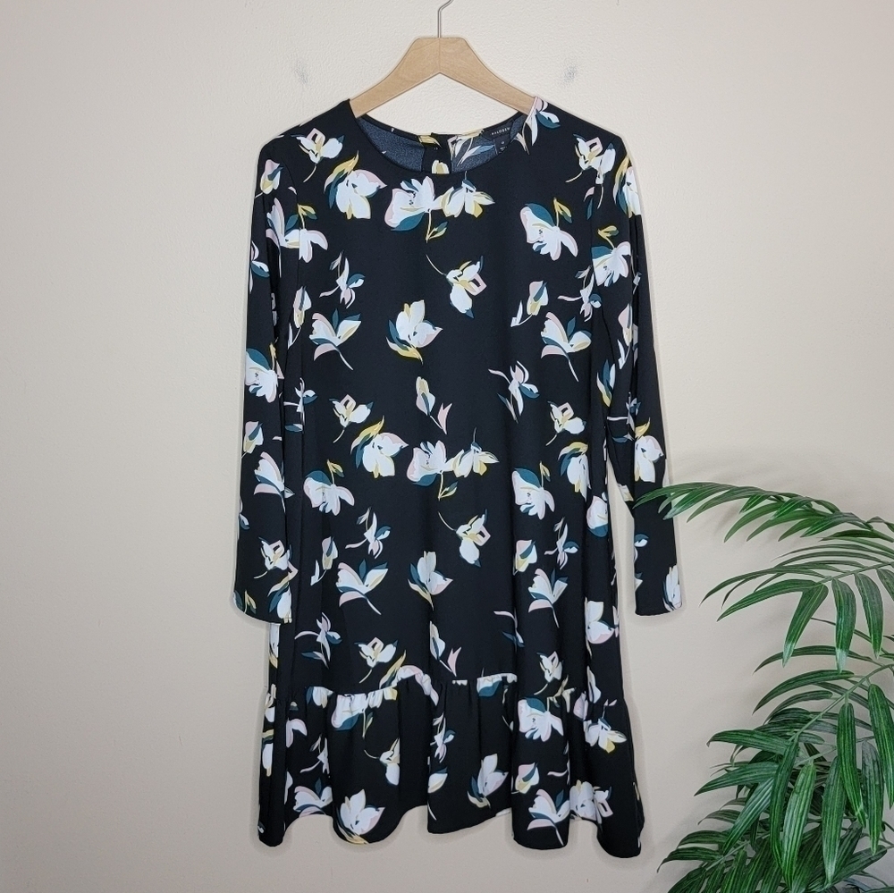 Halogen | Black Floral Print Long Sleeve Dress